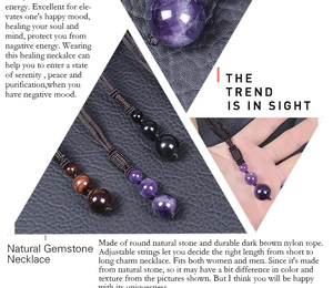 Macro view of adjustable natural amethyst and tiger eye gemstone necklaces on nylon rope