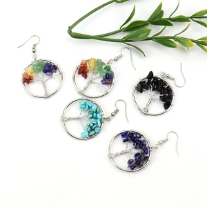 Silver tree of life wire wrapped hoop earrings with colorful natural crystal stones