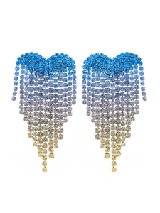 Detail of long heart tassel earrings with blue and yellow gradient crystal rhinestones
