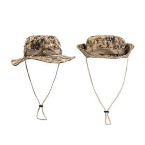 Detail view of desert digital camo boonie hats with ripstop fabric and adjustable chin strap