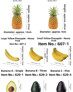 Detailed size chart for artificial pineapple, banana, and avocado decorative fruit models