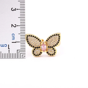 18K gold plated butterfly open ring with pink marquise stone and zircon pavé detail