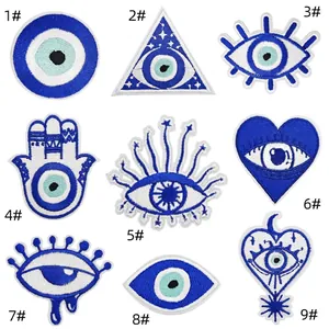 Detailed set of 9 Evil Eye embroidery patches in blue and white for garment decoration
