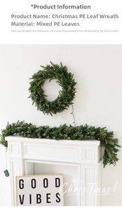 Detail of Christmas PE mixed wreath and garland with warm white LED string lights
