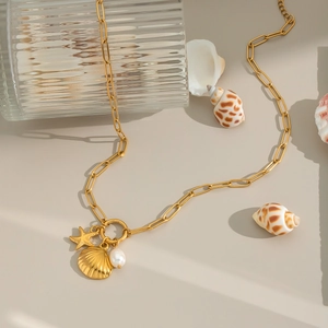 Elegant 18K gold plated stainless steel necklace with shell starfish and pearl charms