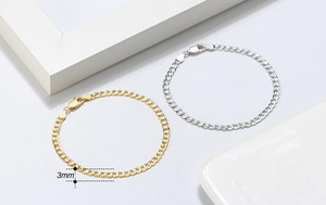 Close-up of 3mm S925 sterling silver curb chain bracelets in gold and silver finishes