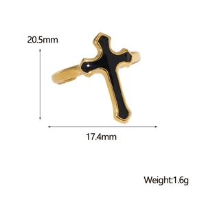 Detailed size chart for black and gold cross ring showing dimensions of 20.5mm by 17.4mm
