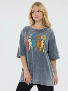 Vintage γκρι βαμβακερό oversized μπλουζάκι με γραφικό DISCO και σιλουέτες χορού