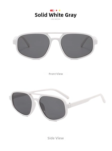 Front and side views of white double bridge aviator sunglasses with dark grey lenses