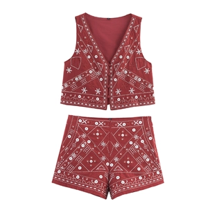 Rote Böhmische Bestickte Weste Und Shorts Baumwolle Polyester V-Ausschnitt Spiegel Pailletten Ethnisch Streetwear Für Damen