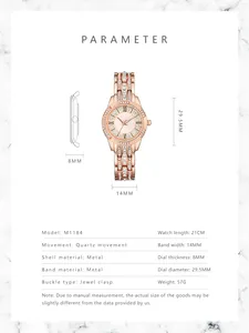 Tableau de mesure détaillé d'une montre à cadran en nacre avec dimensions du boîtier