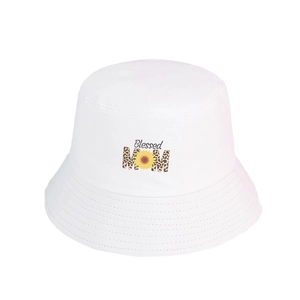 White bucket hat with Blessed MOM leopard print and sunflower graphic for women