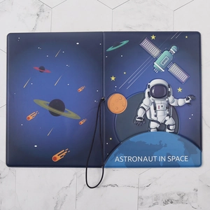 Deep blue astronaut passport holder with embossed 3D design and elastic closure
