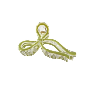 Elegant green jelly bow hair claw clip with gold spring on a clean white background