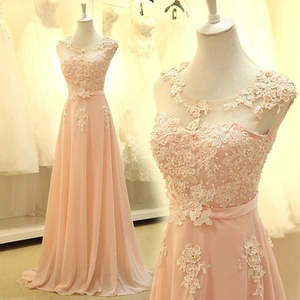 Pink chiffon evening dress with floral lace appliques and beadwork in A-line silhouette