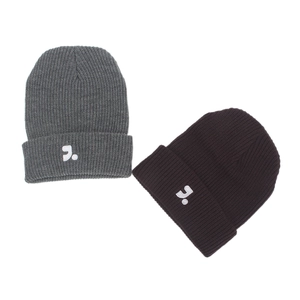 Knitted beanies in dark grey and brown with white embroidery on a clean white background