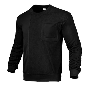Detail view of black corduroy patchwork on men's crewneck sweatshirt with chest pocket