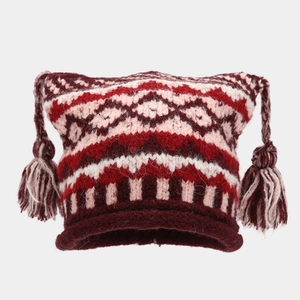Fair Isle pattern knit cat ear beanie with tassels and ethnic geometric jacquard design