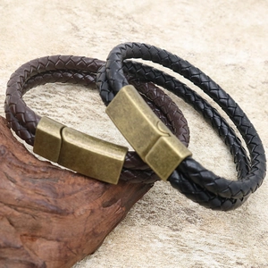 Braided leather bracelets in black and brown with vintage magnetic brass clasps