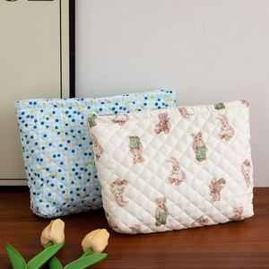 Detailed view of quilted cotton makeup bags with cute bear and floral patterns