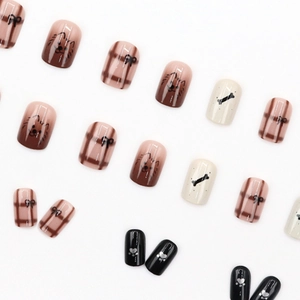 Brown plaid press-on nails with cute puppy and bow designs in short square shape