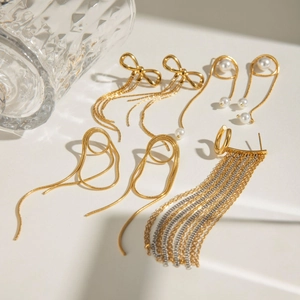 Stainless Steel Tassel Fringe Earrings For Women 18K Gold Plated Bow Artificial Pearl Geometric Long Drop Dangle Jewelry