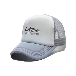 Detail view of truckercap showing high-quality foam front with hot mess printed text