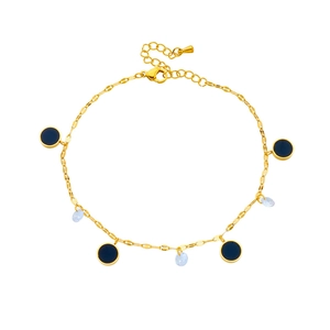 Golden titanium steel anklet with deep blue round charms and light blue water drop pendants