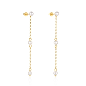 Close-up of S925 sterling silver stamp on long gold chain pearl tassel earrings
