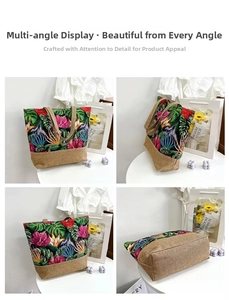 Four views of a tropical floral tote bag with jute base showing front, back, and side profiles