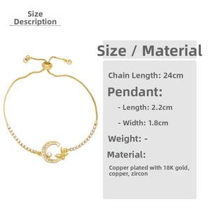 Detail of gold butterfly and moon bracelet with pearls, 18K gold plated copper and zircons