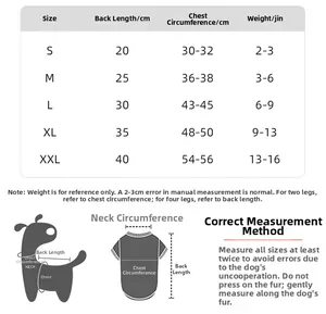 Size chart for pet sweaters detailing back length and chest girth from S to XXL