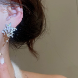 Gros plan de boucles d'oreilles étoiles en argent avec zircons sur le lobe de l'oreille