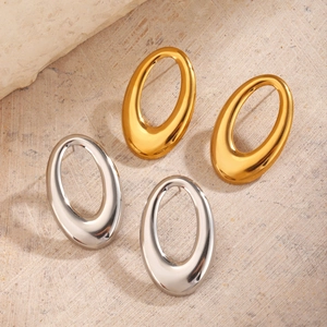 Polished hollow geometric oval stud earrings in gold and silver stainless steel