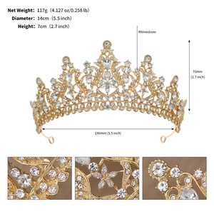 Detailed size specifications for gold rhinestone tiara showing height and weight dimensions