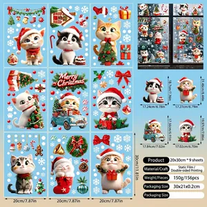 Details von 9 Blättern süßer Weihnachts-Fensterbilder mit Katzen, Schneeflocken und Bäumen