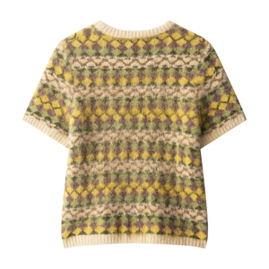 Haut en maille jacquard à manches courtes pour femme avec motif géométrique et bords côtelés