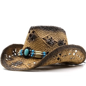 Western Cowboy Straw Hat With Turquoise Beads Wide Brim Hollow Weave Distressed Sun Protection Summer Beach