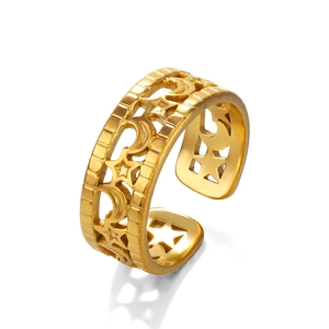 18K gold plated stainless steel V-shape open ring with star and moon cutout pattern
