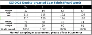 Detailed size chart for the double-breasted pearl wool coat showing XS to L measurements