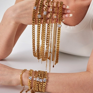 18K gold plated Cuban link necklace and bracelet set with crystal zircon stones