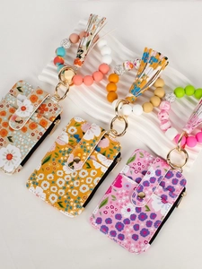 Floral silicone bead bracelet keychain with matching card holder wallet and tassel
