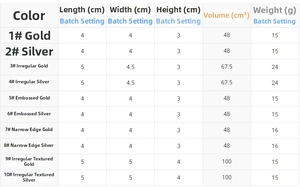 Size chart for lava metal hair clips showing dimensions and weights for gold and silver