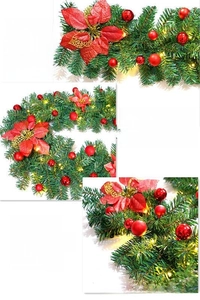 Detail of 2.7m Christmas garland with red poinsettia flowers, baubles and warm LED lights