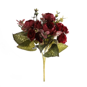 Artificial deep red peony bouquet with realistic dark green leaves for home decoration