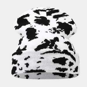 Dikke gebreide muts met zwart-wit koeienpatroon voor heren en dames in winter