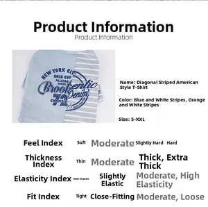 Detailed size chart and specs for blue striped pet T-shirt with breathable cotton fabric