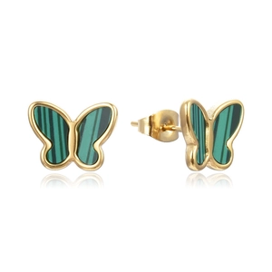 Elegant gold butterfly stud earrings with green malachite texture on white background