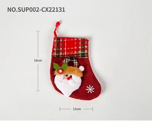 Christmas stocking gift bag with Santa Claus 3D figure and plaid trim, size 16x12cm
