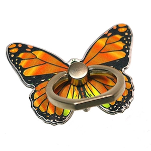 Detailed macro view of orange butterfly phone ring holder with silver metal kickstand